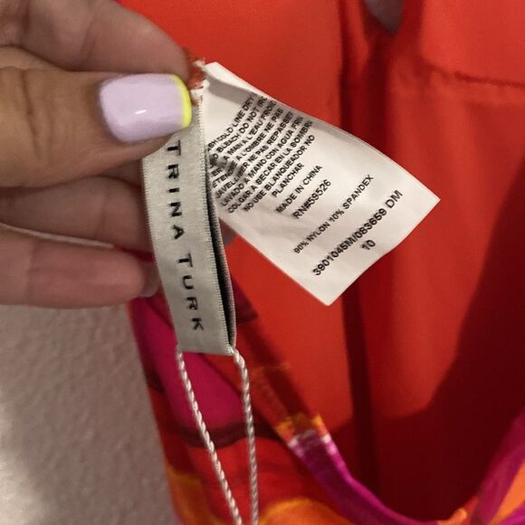 NWT- TRINA TURK-Solstice Stripe (pink/orange/red) Plunge Swimsuit-Size 10 - Picture 11 of 12
